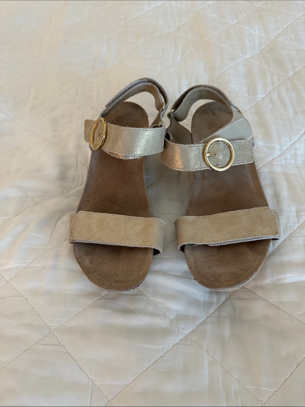 Munro Neutral Suede Sandals with Metallic Gold Buckle